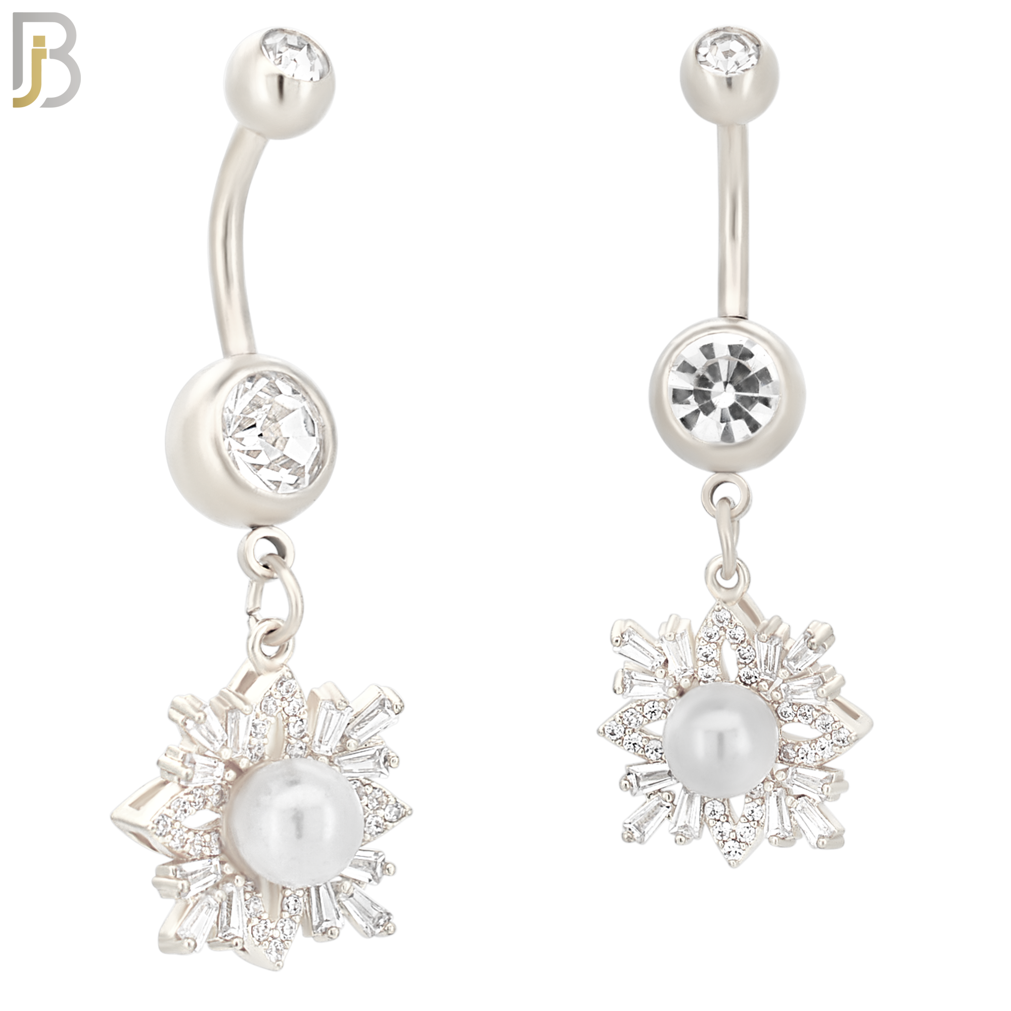 N022  - 316L Stainless Steel Dangling Snowflakes with Pearl Design Belly Ring with 5mm Screw Ball image 1
