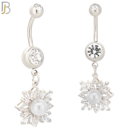 N022  - 316L Stainless Steel Dangling Snowflakes with Pearl Design Belly Ring with 5mm Screw Ball image 1