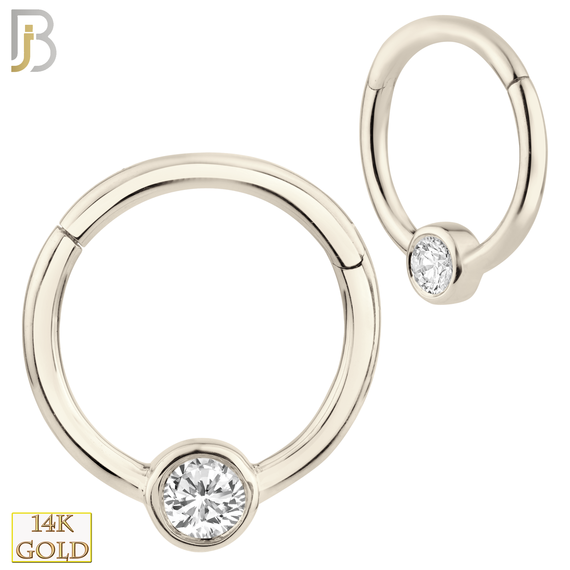 14-CT62 - 14K Solid Gold Hinged Hoops Single Zircon in Bezel Setting image 1