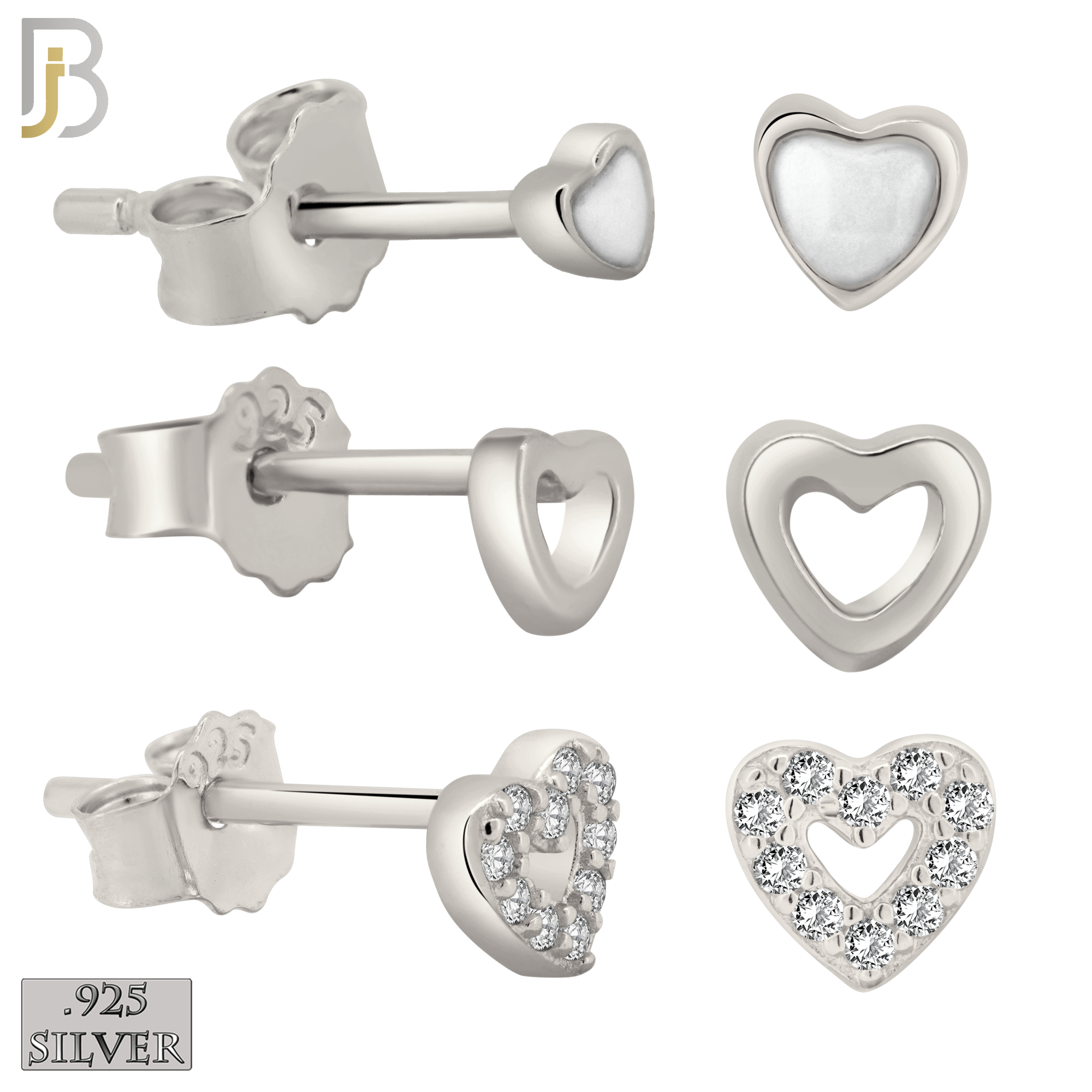 925-ES383 - .925 Sterling Silver Three Pair Set of Heart Stud Earrings (Plain Hollow Heart, CZ Studded Hollow Heart, Heart White Enamel) image 0