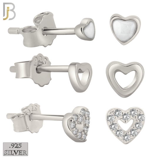 925-ES383 - .925 Sterling Silver Three Pair Set of Heart Stud Earrings (Plain Hollow Heart, CZ Studded Hollow Heart, Heart White Enamel) image 0