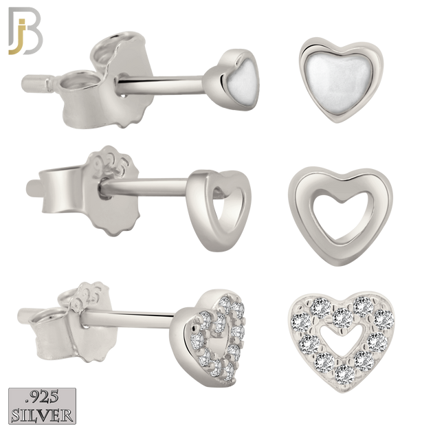 925-ES383 - .925 Sterling Silver Three Pair Set of Heart Stud Earrings (Plain Hollow Heart, CZ Studded Hollow Heart, Heart White Enamel) image 0