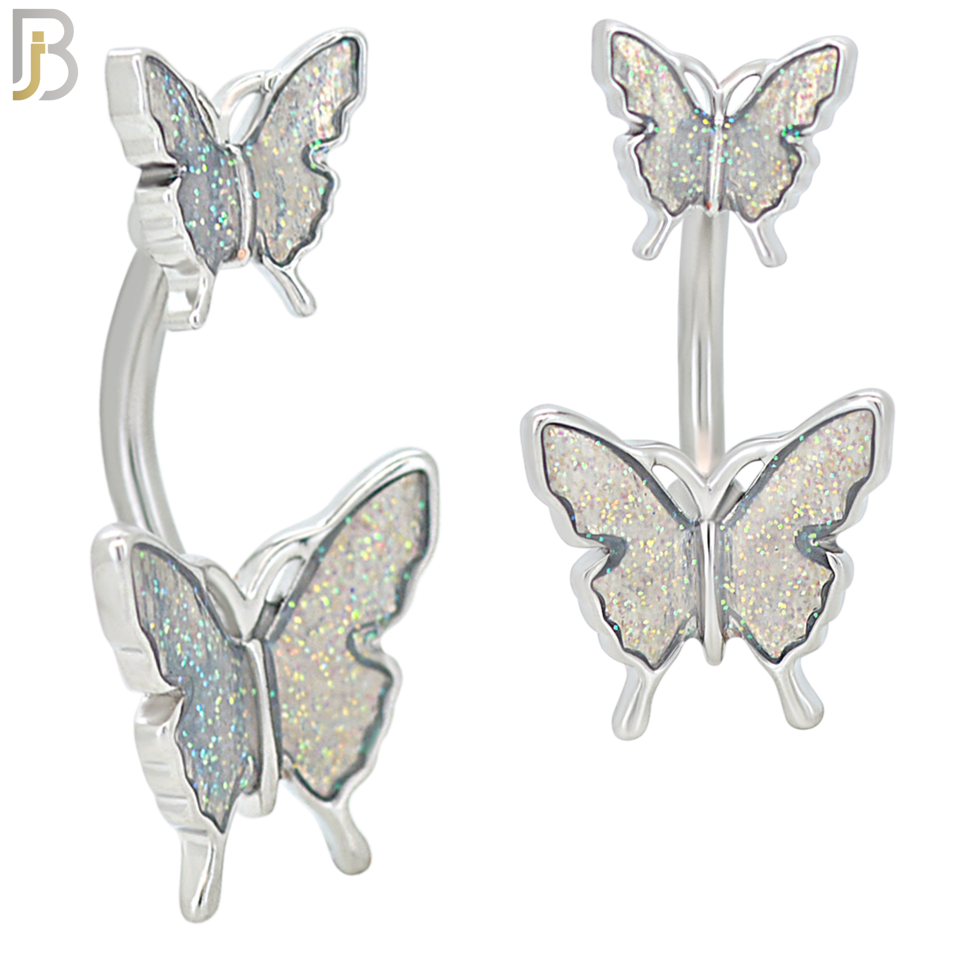 NB61 - 316L Stainless Steel Double Butterfly Banana Belly Ring with Aurora Borealis image 1