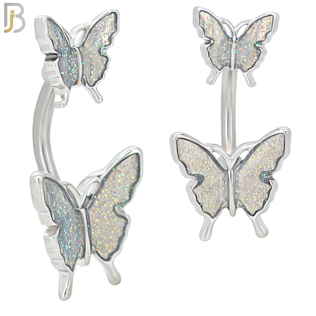 NB61 - 316L Stainless Steel Double Butterfly Banana Belly Ring with Aurora Borealis image 1