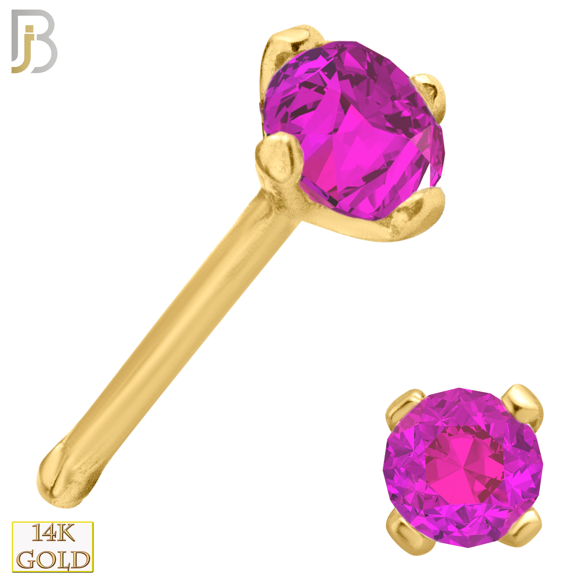 14-NR01CYP - 20g 14k Yellow Gold Nose Bone with Pink Colored CZ - 2.5mm image