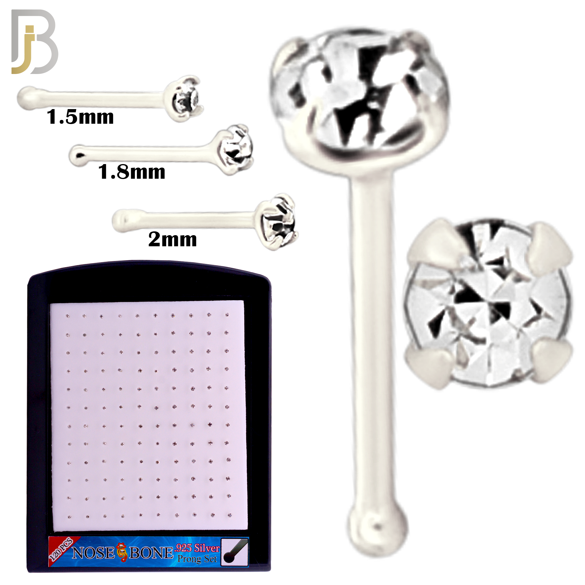 925-PK-NR01S-3C - Mixed of 1.5mm, 1.8mm, 2mm Clear CZ 22g Thickness  925 Sterling Silver Nose Bones, Prong Set Packages Pack of 120 image 1