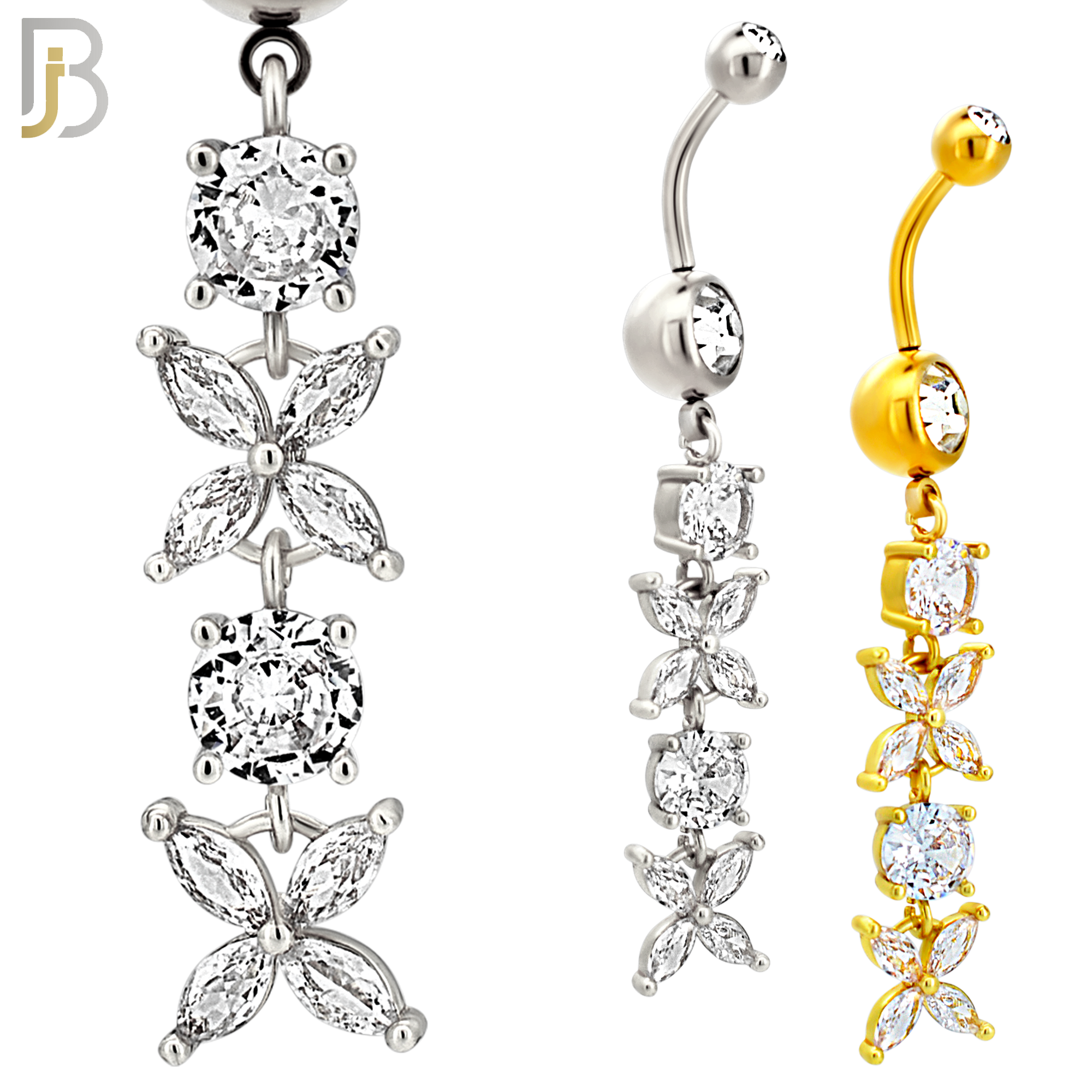 N0144 - Steel - 316L Surgical Steel Dangling Flower with Multi CZ Belly Ring image 0