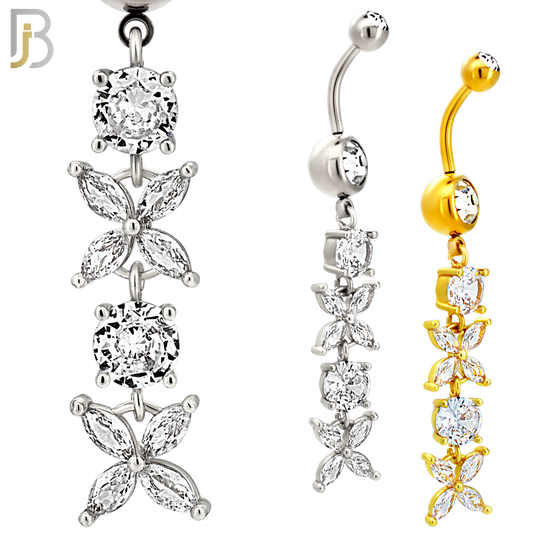 N0144 - Steel - 316L Surgical Steel Dangling Flower with Multi CZ Belly Ring image 0