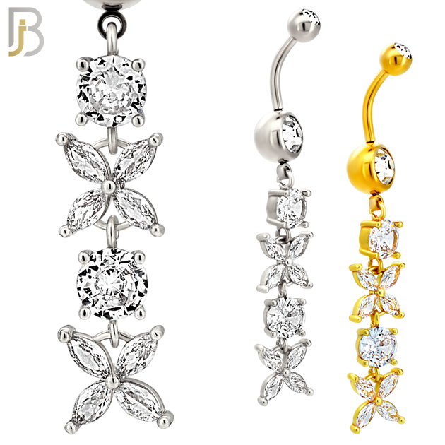N0144 - Steel - 316L Surgical Steel Dangling Flower with Multi CZ Belly Ring image 0