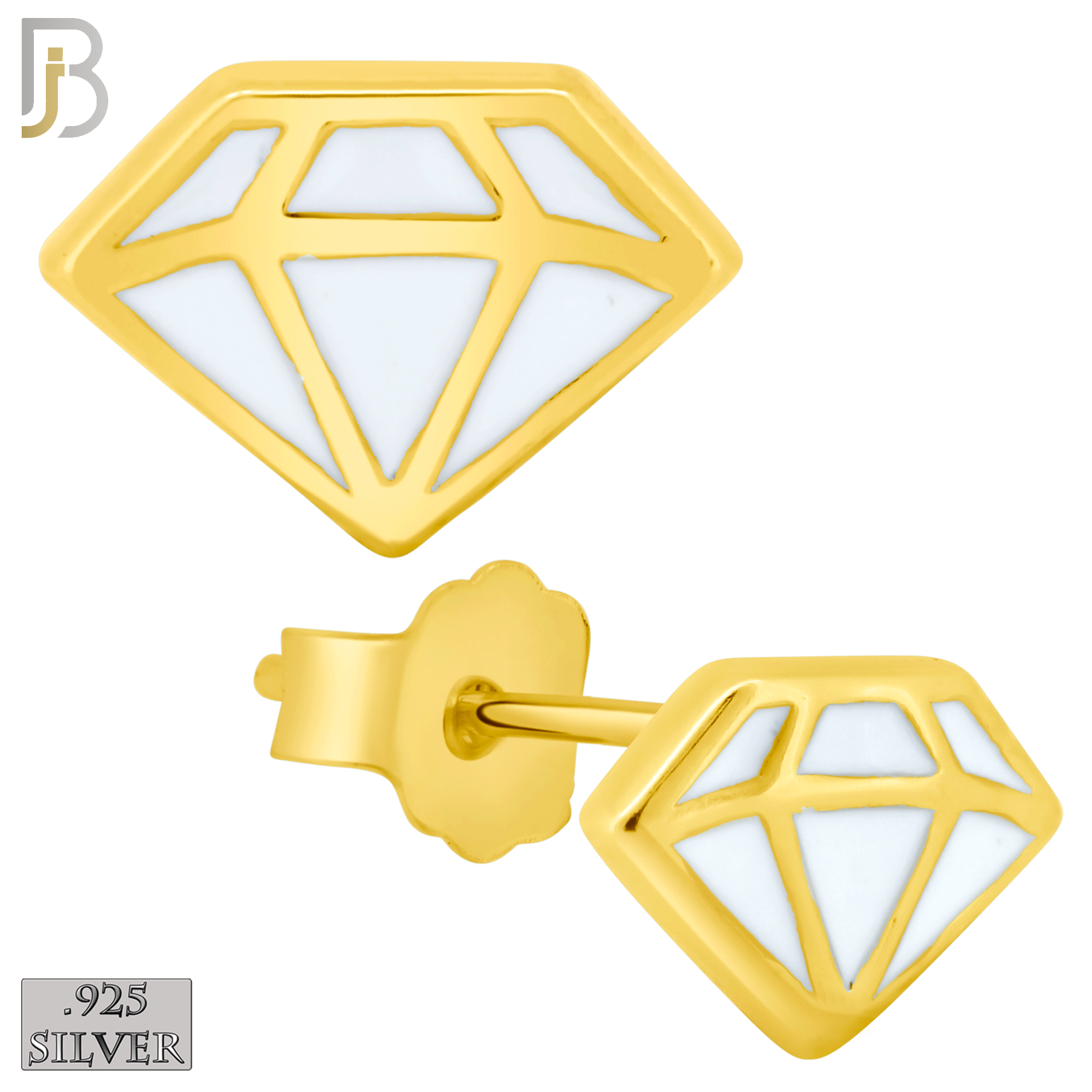 925-ES428 - Push Back - 925 Sterling Silver White Enamel Diamond Design Earrings Stud image 1