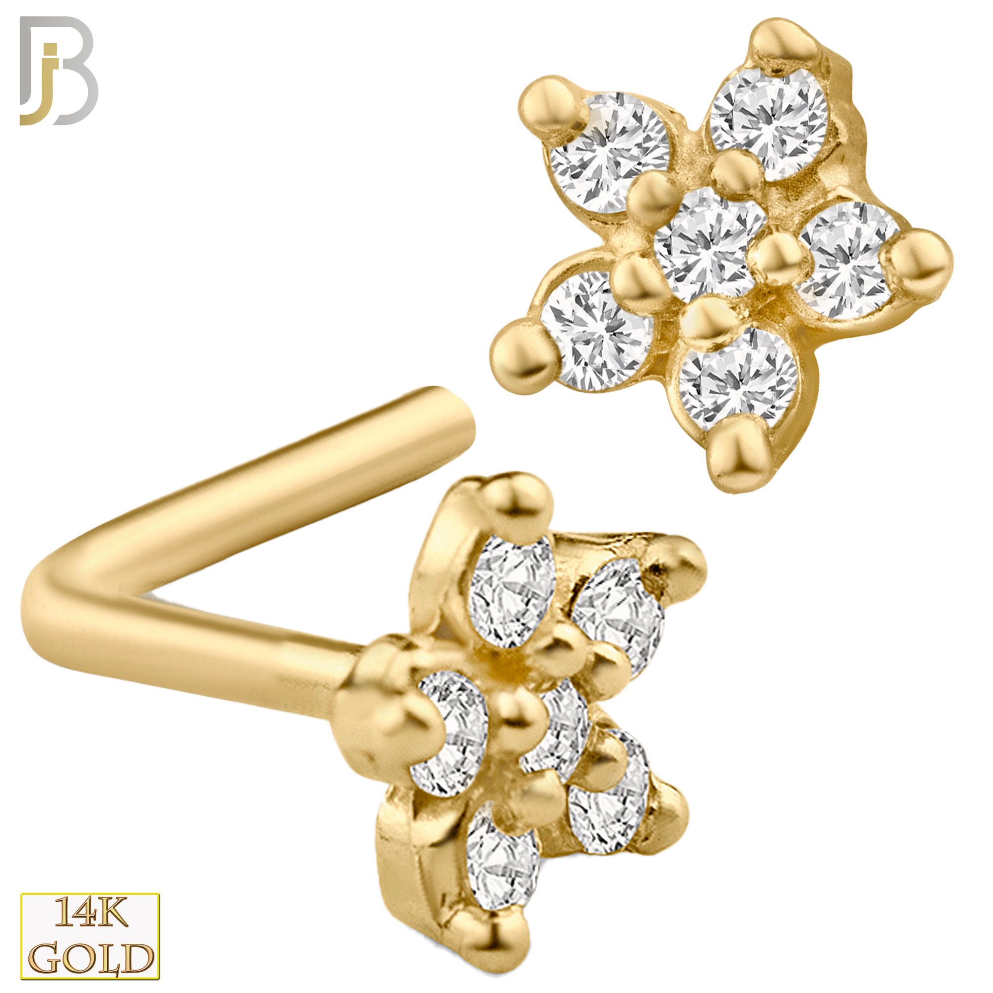14-NR15L- 14K Solid Gold Star Shaped Flower Design with CZ L Shape Nose Ring image 0