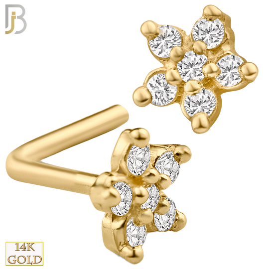 14-NR15L- 14K Solid Gold Star Shaped Flower Design with CZ L Shape Nose Ring image 0