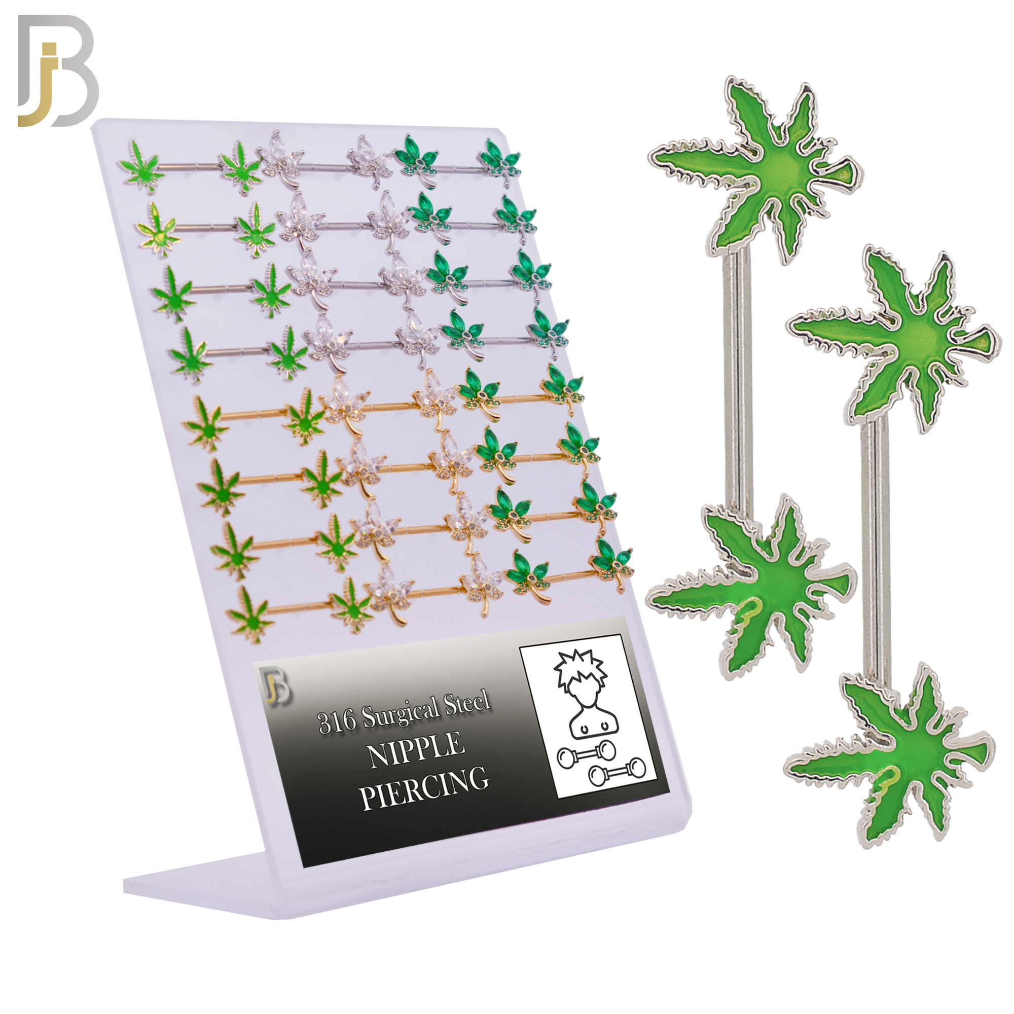 PK-NPLF01 - 316L Surgical Steel Different Marijuana Design Nipple Rings Pack of 12 Pairs - Assorted Color image