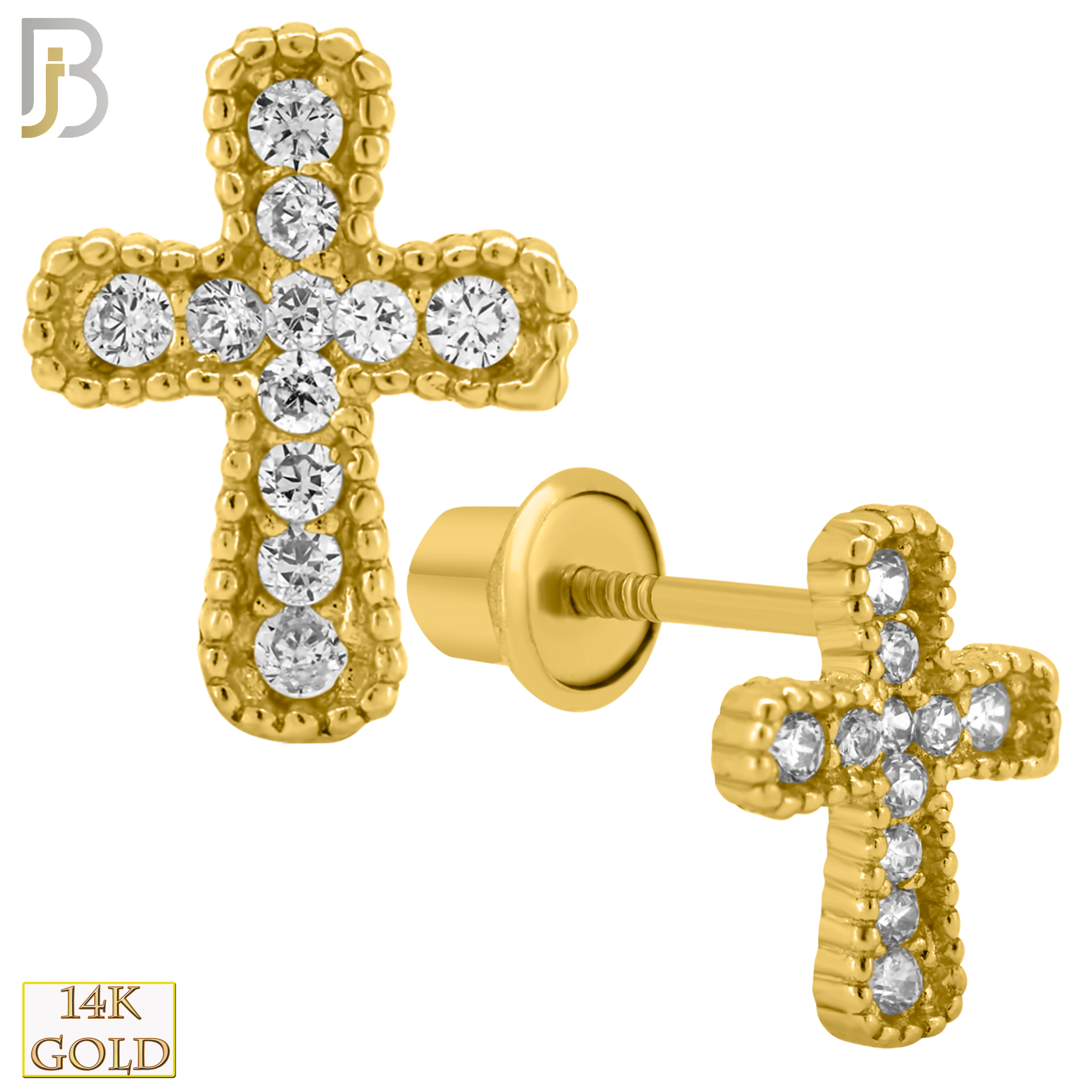 14-ES210 - 14k Solid Gold Cross Design Earring Stud with Clear Zircon image 0