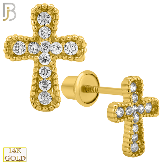 14-ES210 - 14k Solid Gold Cross Design Earring Stud with Clear Zircon image 0