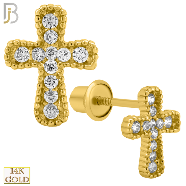 14-ES210 - 14k Solid Gold Cross Design Earring Stud with Clear Zircon image 0