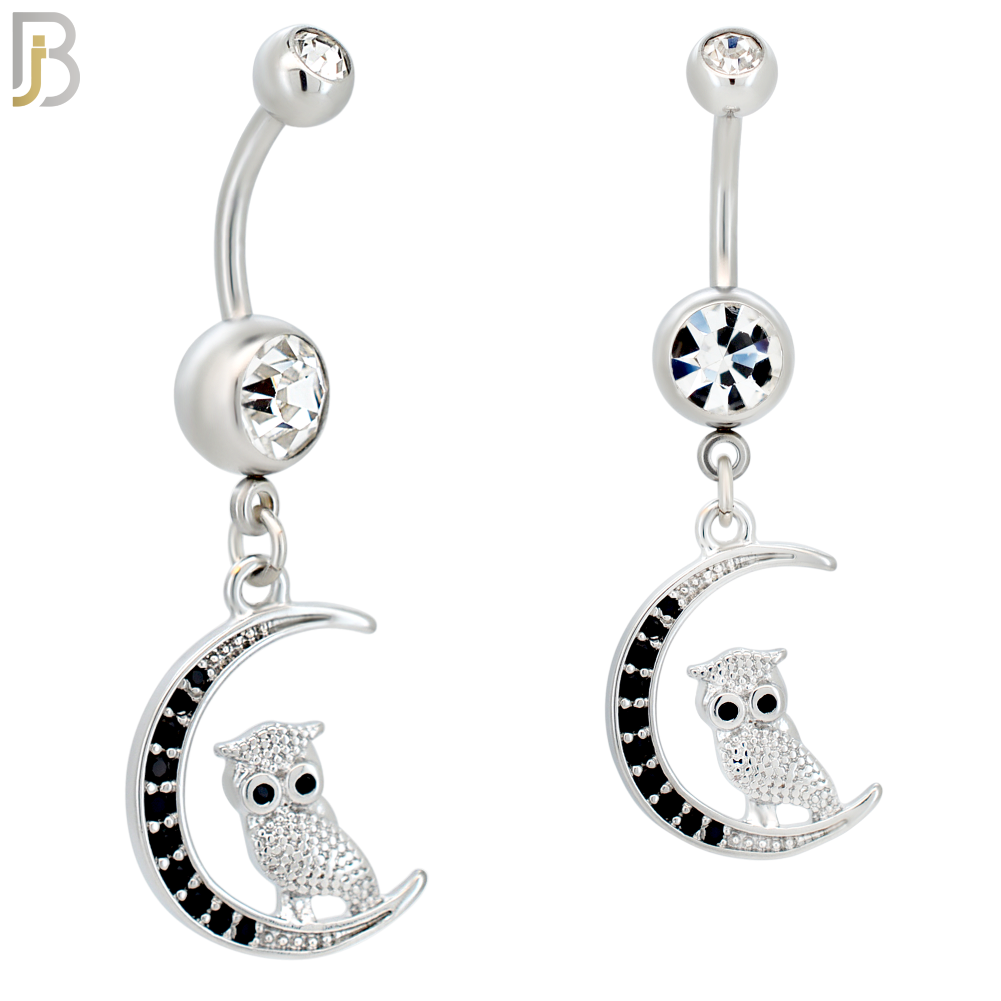 N088  - 316L Stainless Steel Dangling Owl on Crescent Moon with CZ Belly Ring image 0