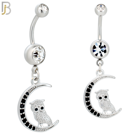 N088  - 316L Stainless Steel Dangling Owl on Crescent Moon with CZ Belly Ring image 0