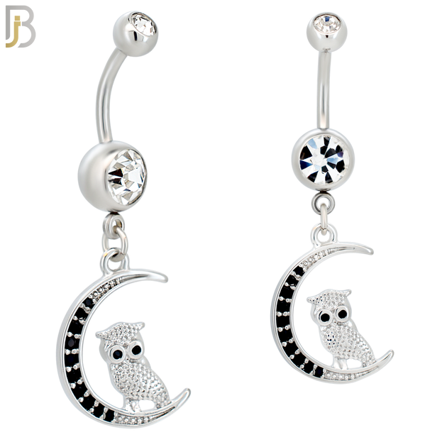 N088  - 316L Stainless Steel Dangling Owl on Crescent Moon with CZ Belly Ring image 0