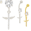 N048 - 316L Stainless Steel Dangling Cross Angel Wing with Zircon Design Belly Ring with 5mm Screw Ball image 0