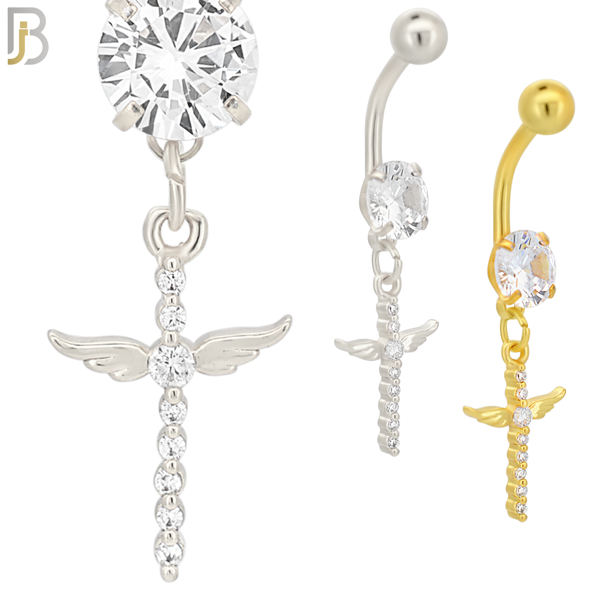 N048 - 316L Stainless Steel Dangling Cross Angel Wing with Zircon Design Belly Ring with 5mm Screw Ball image 0