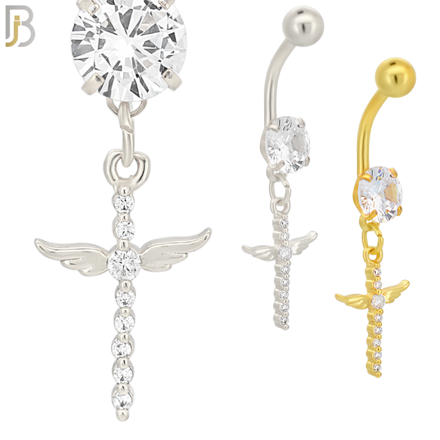 N048 - 316L Stainless Steel Dangling Cross Angel Wing with Zircon Design Belly Ring with 5mm Screw Ball image 0