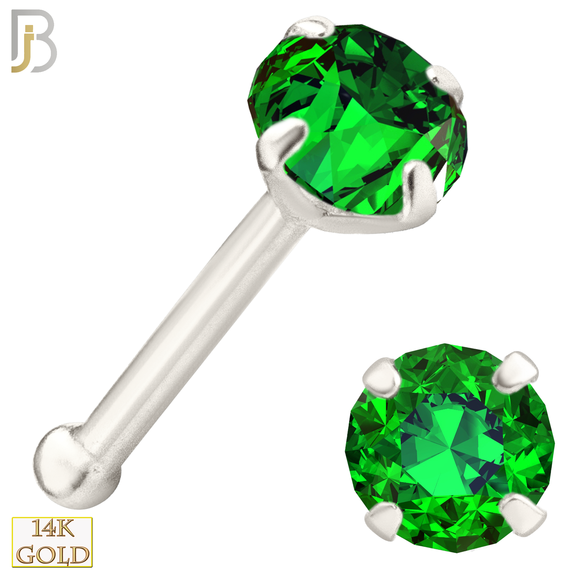 14-NR01CWE - 20g 14k White Gold Nose Bone with Emerald Colored CZ - 3mm image