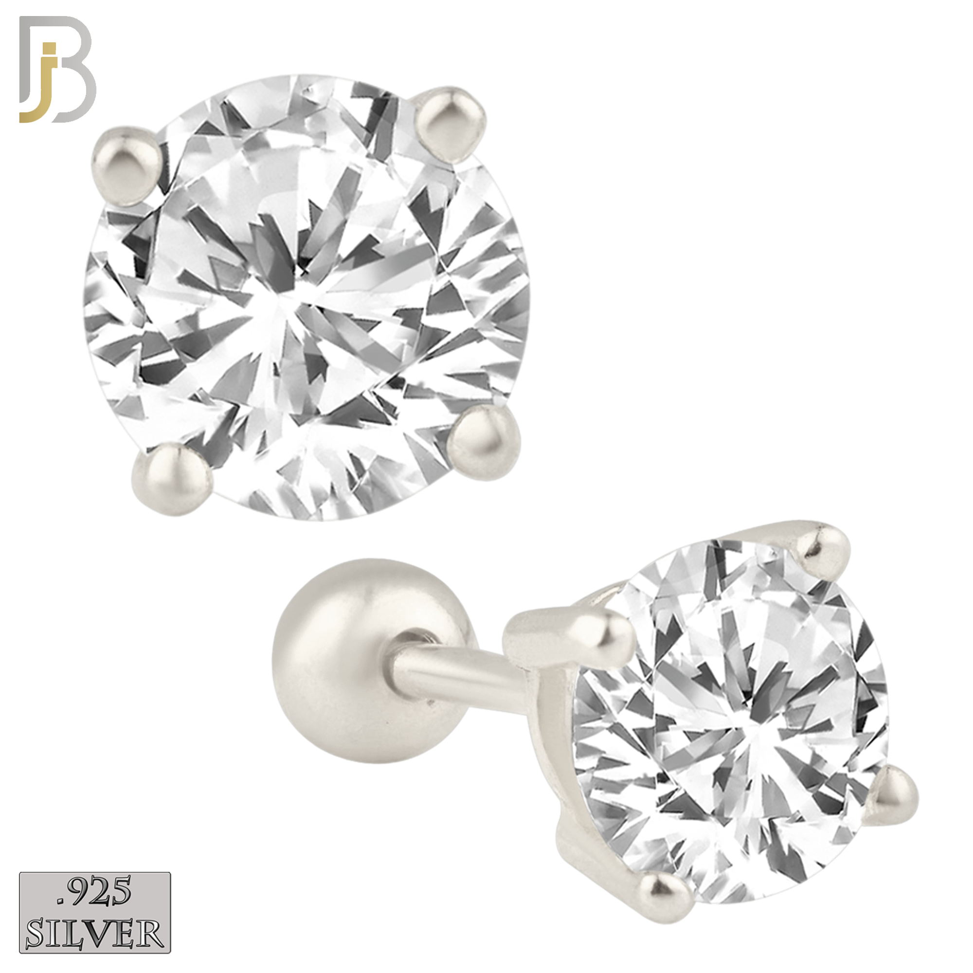 925-ES311-SC - .925 Sterling Silver Rhodium Plated Screw Ball Back Stud Earrings Casting Prong Setting with Round Clear Zircon image 1