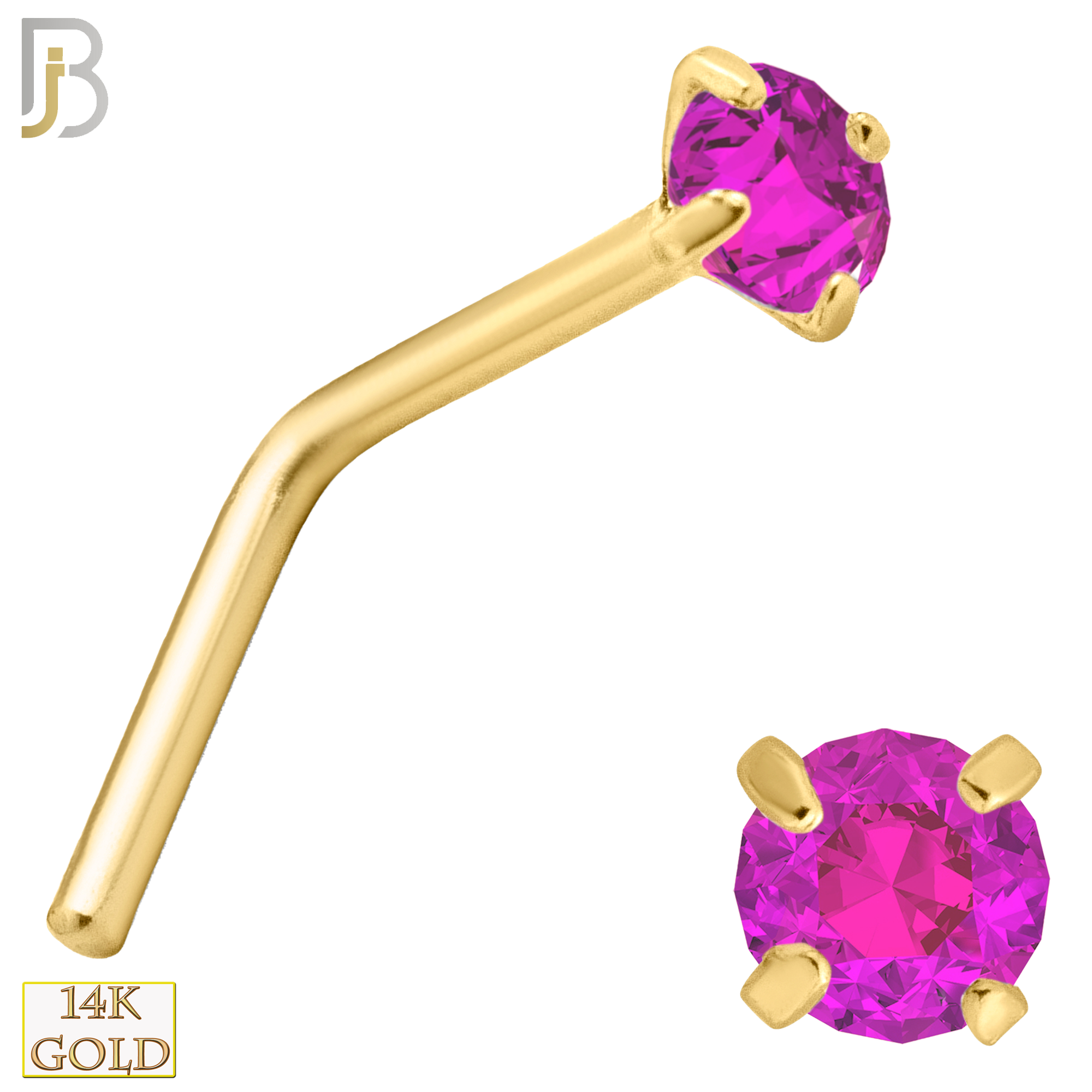 14-NR10YPS-22 -  22g - 14k Yellow Gold L-Shaped Nose Ring with Pink Sapphire in Prong Setting image 3