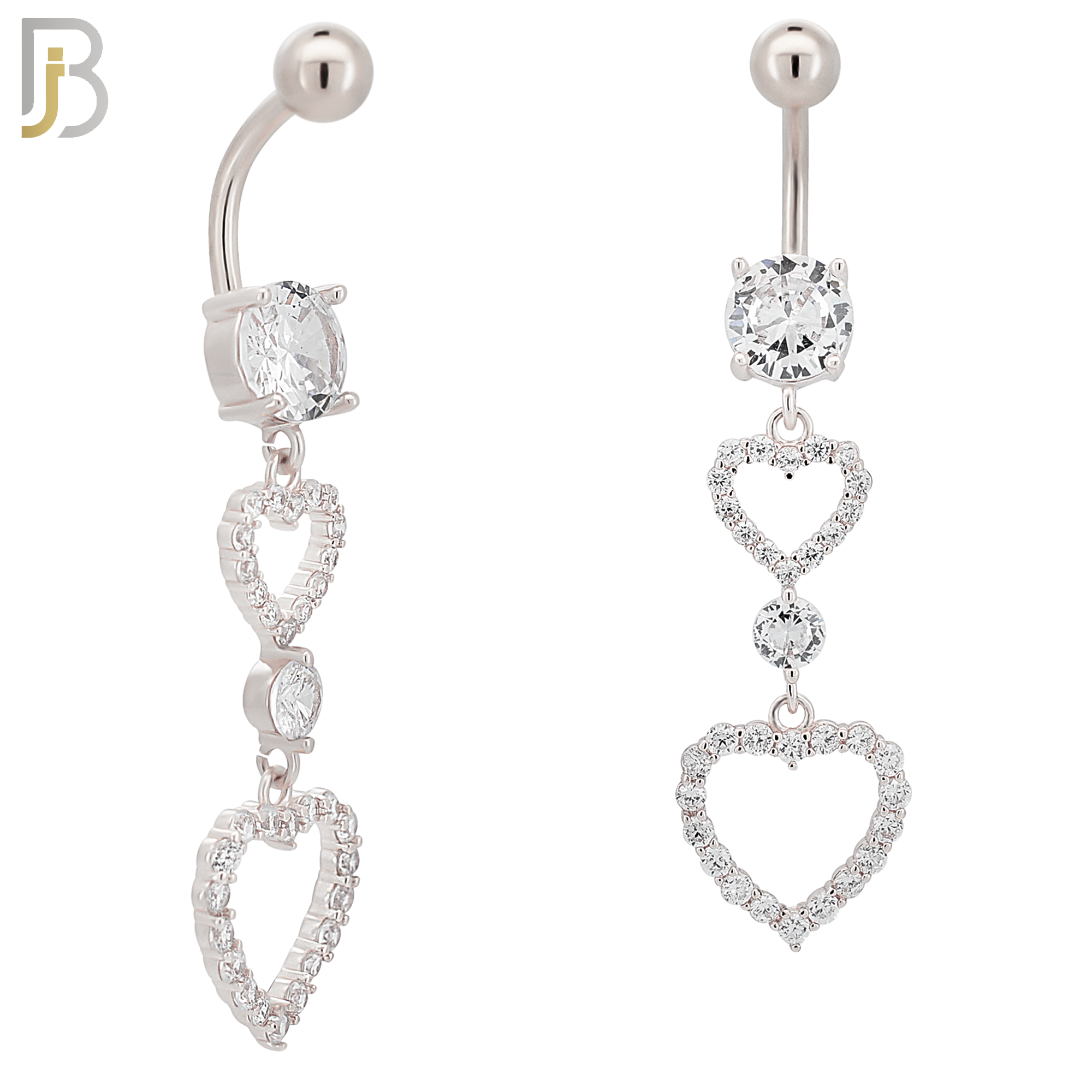 N0139 -  316L Stainless Steel Dangling Double Heart with CZ Belly Ring image 1