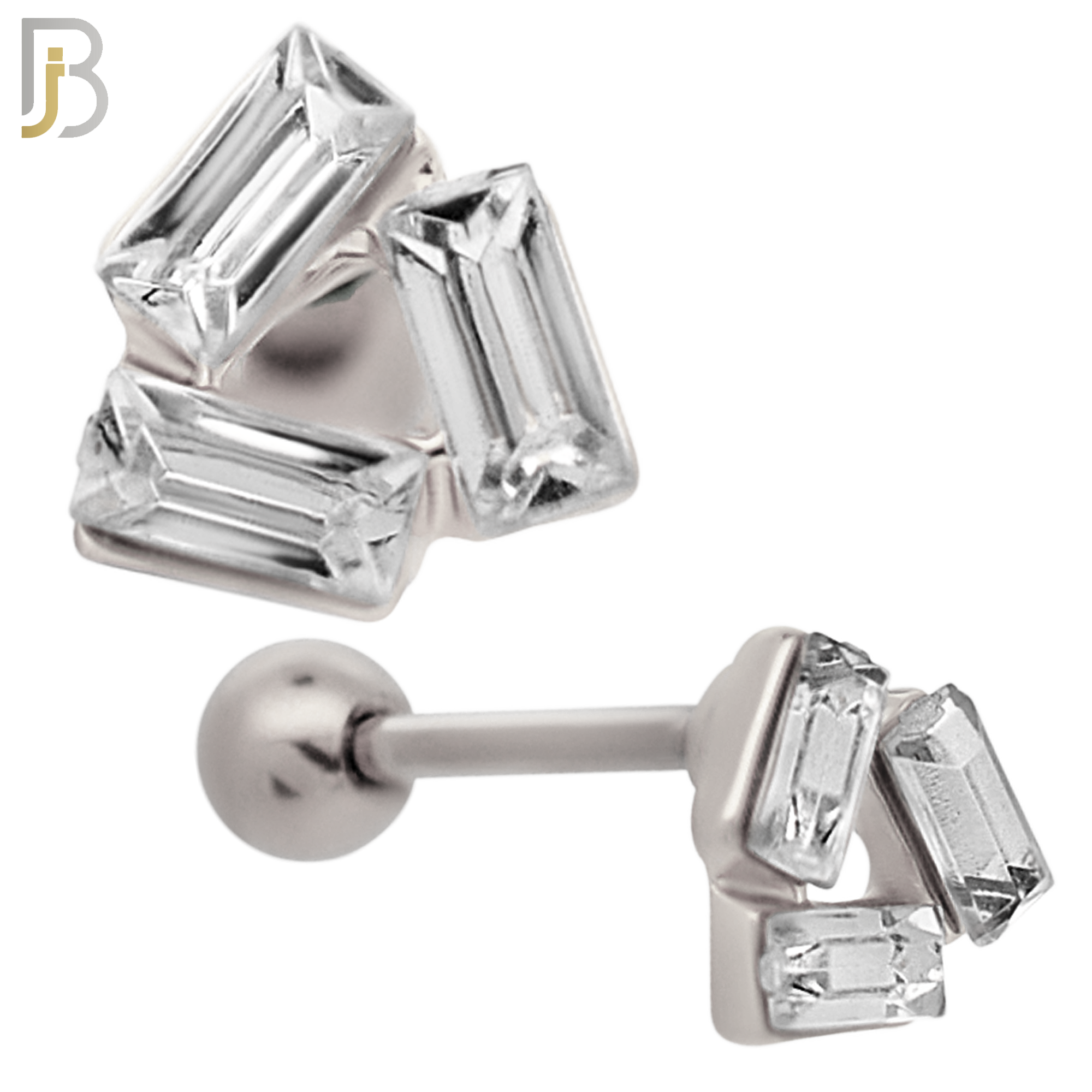 TB72 - 316L Stainless Steel Three Baguette CZ  in Triangle Tragus/Cartilage Barbell (PACK OF 6) image 1