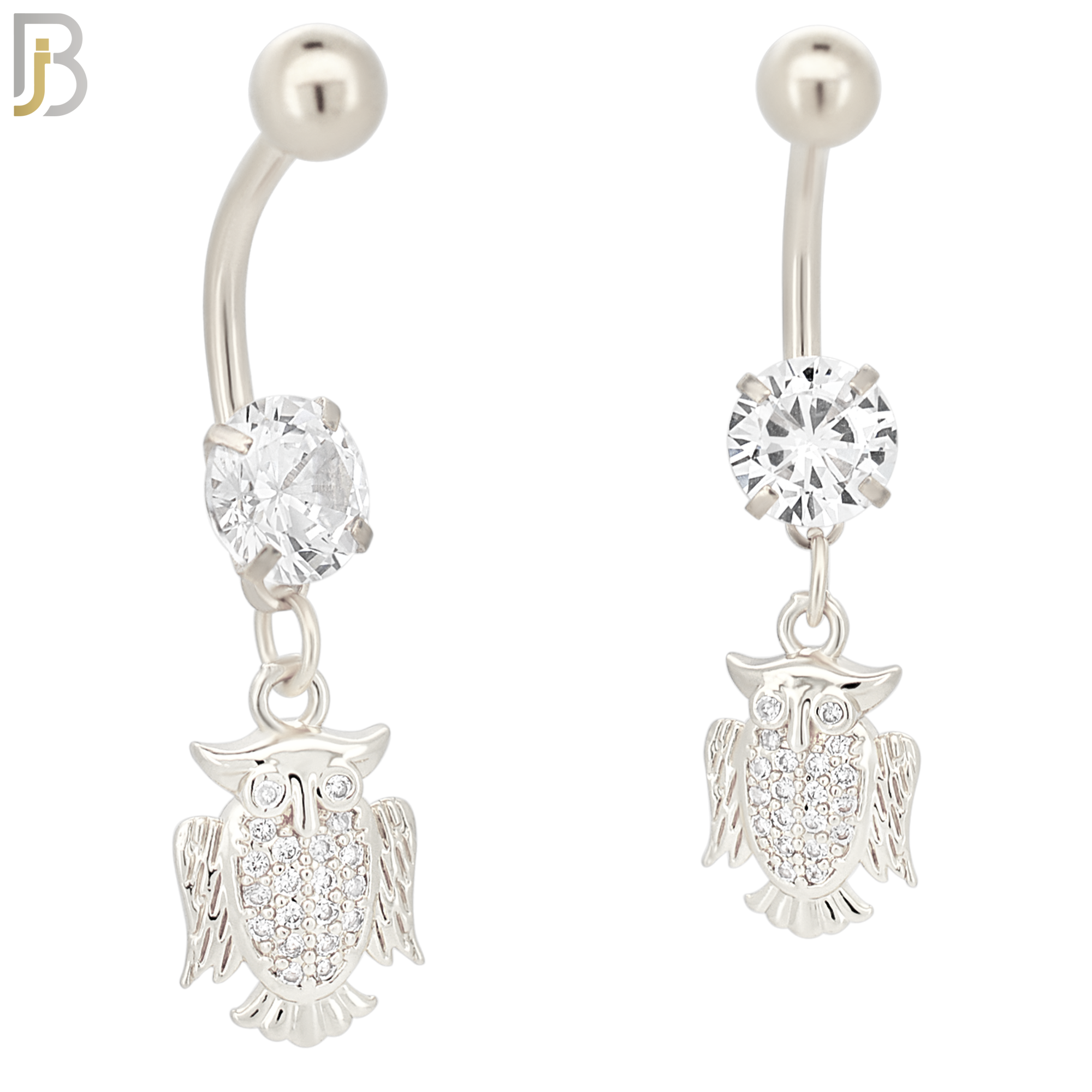 N089  - 316L Stainless Steel Dangling Owl with CZ Belly Ring image 1