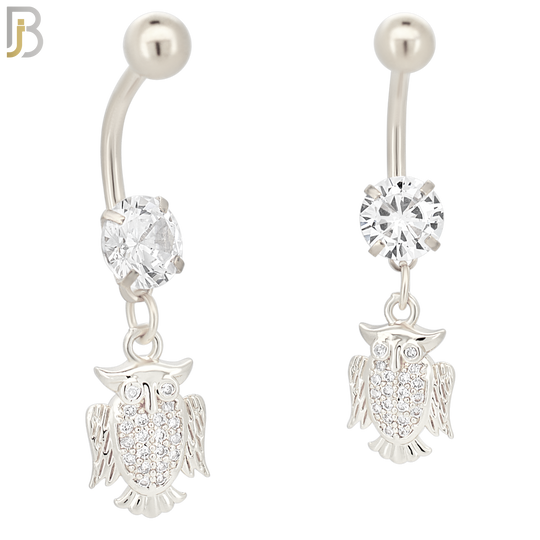N089  - 316L Stainless Steel Dangling Owl with CZ Belly Ring image 1
