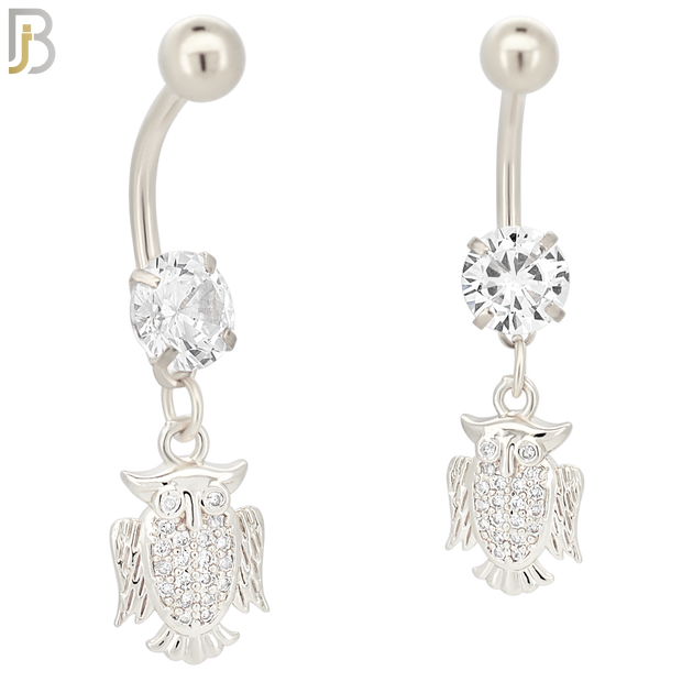 N089  - 316L Stainless Steel Dangling Owl with CZ Belly Ring image 1