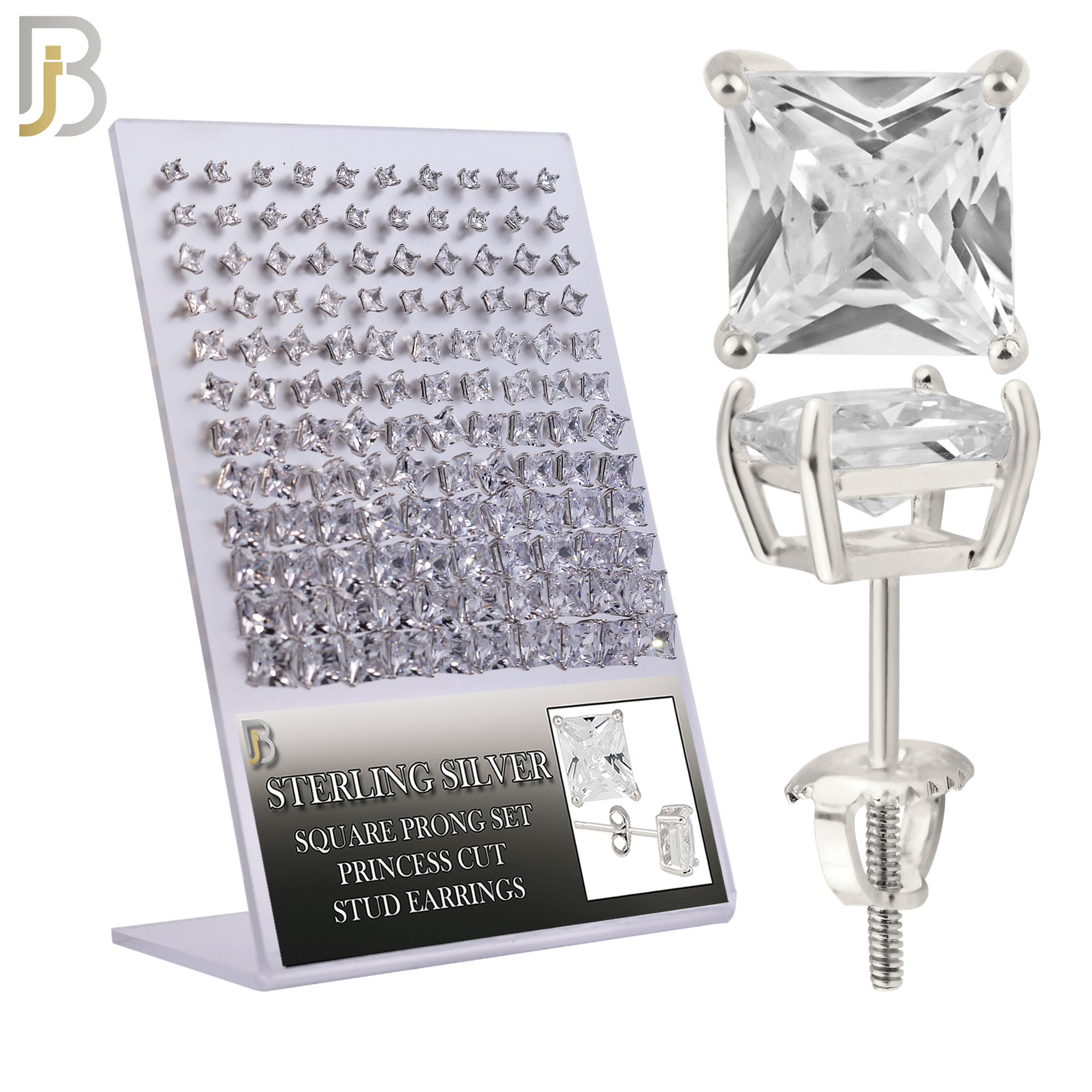 925-PK-ES80R-SC - 925 Sterling Silver Rhodium Plated Screw Back Earring Stud Casting Square Prong Setting Clear Zircon Pack of 120 image 0