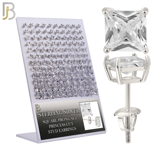 925-PK-ES80R-SC - 925 Sterling Silver Rhodium Plated Screw Back Earring Stud Casting Square Prong Setting Clear Zircon Pack of 120 image 0