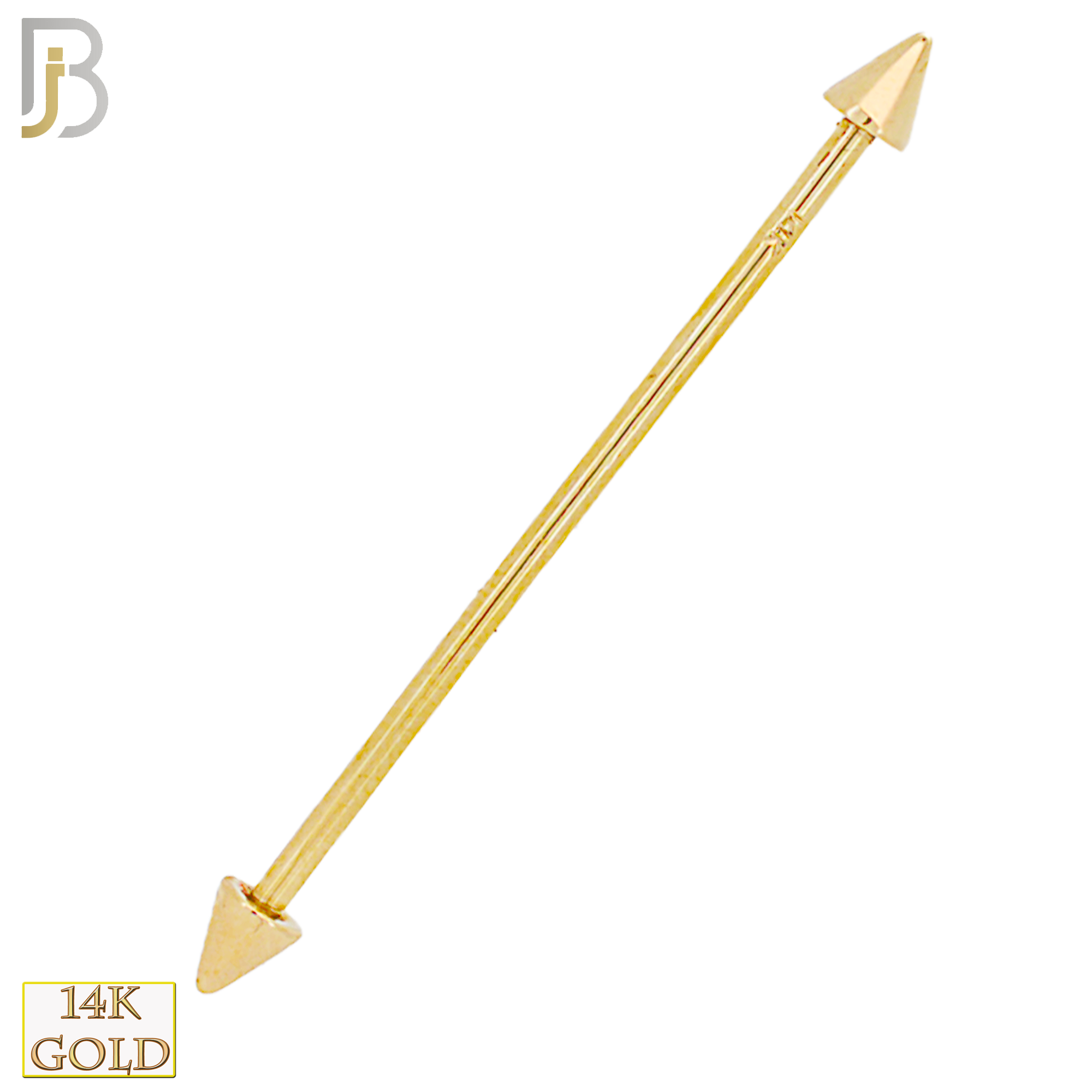 14-BB06Y14 - 14k Solid Gold Plain Spike 14g Industrial Barbell Externally Threaded image