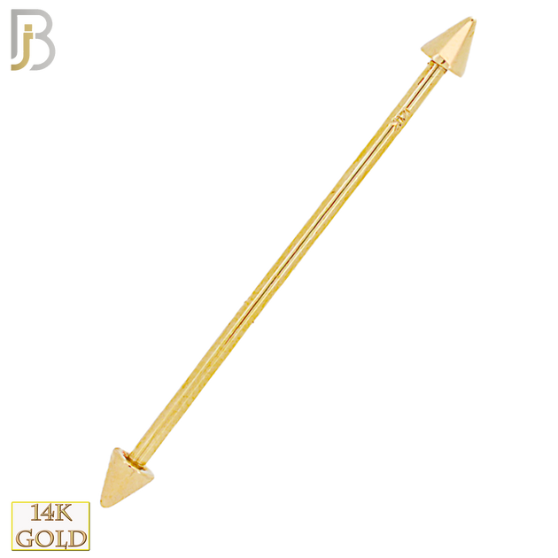 14-BB06Y14 - 14k Solid Gold Plain Spike 14g Industrial Barbell Externally Threaded image