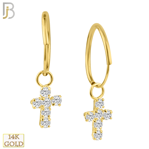 14-ES34 - 14k Solid Gold Dangling Cross with CZ Stones Hoop Earrings image 0