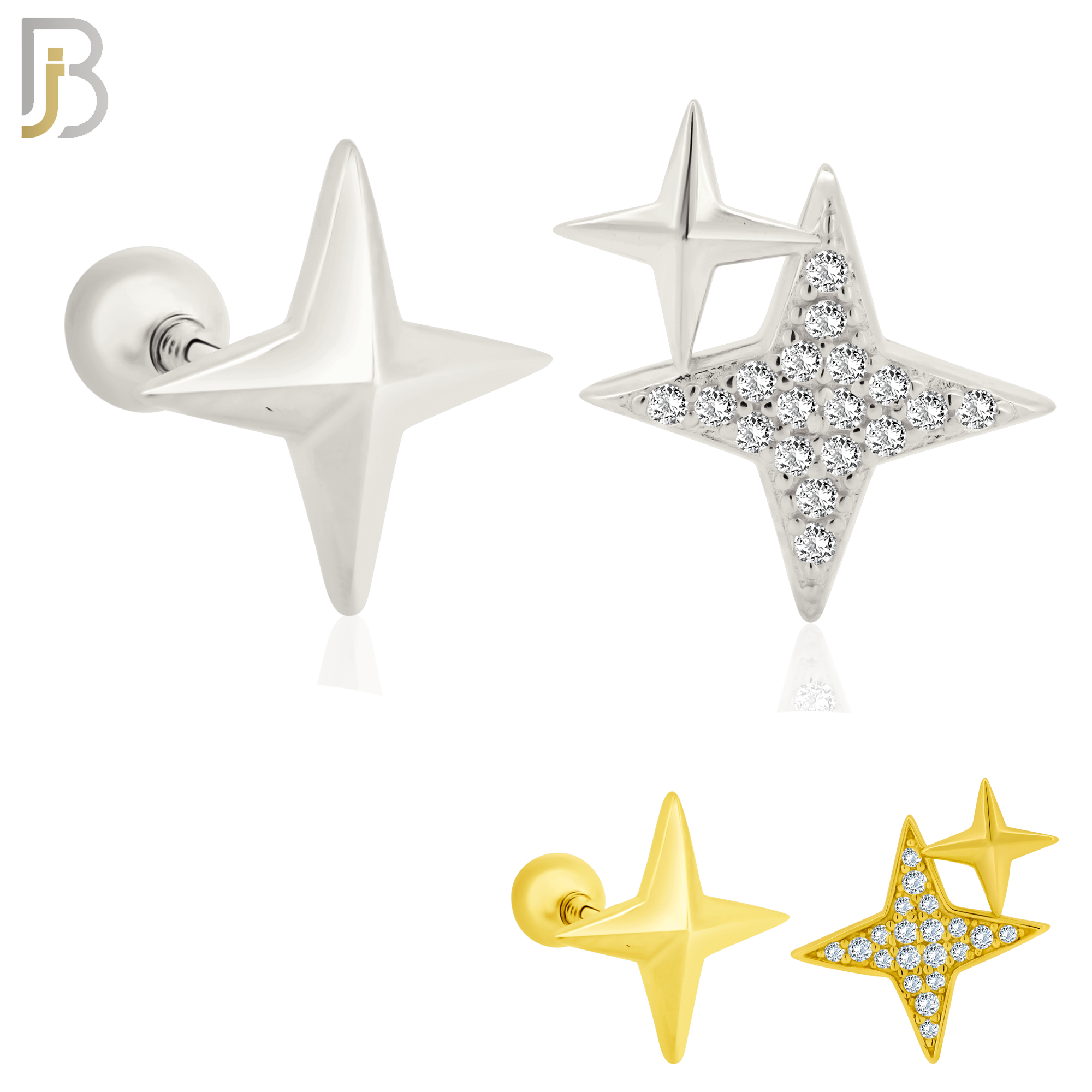 925-ES370 - Screw Ball Back - .925 Sterling Silver Four Point Star Mismatched Stud Earrings image 0