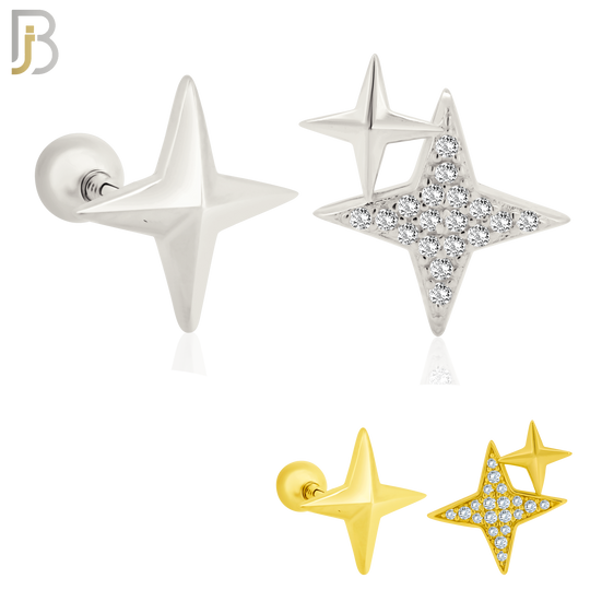 925-ES370 - Screw Ball Back - .925 Sterling Silver Four Point Star Mismatched Stud Earrings image 0