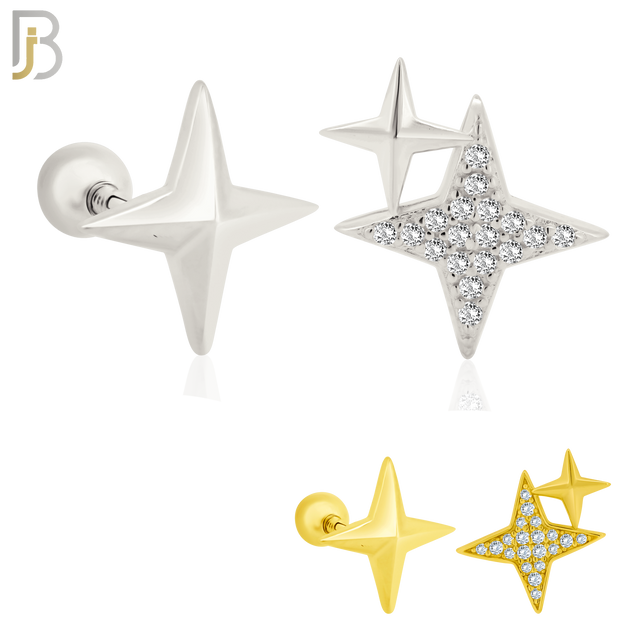 925-ES370 - Screw Ball Back - .925 Sterling Silver Four Point Star Mismatched Stud Earrings image 0