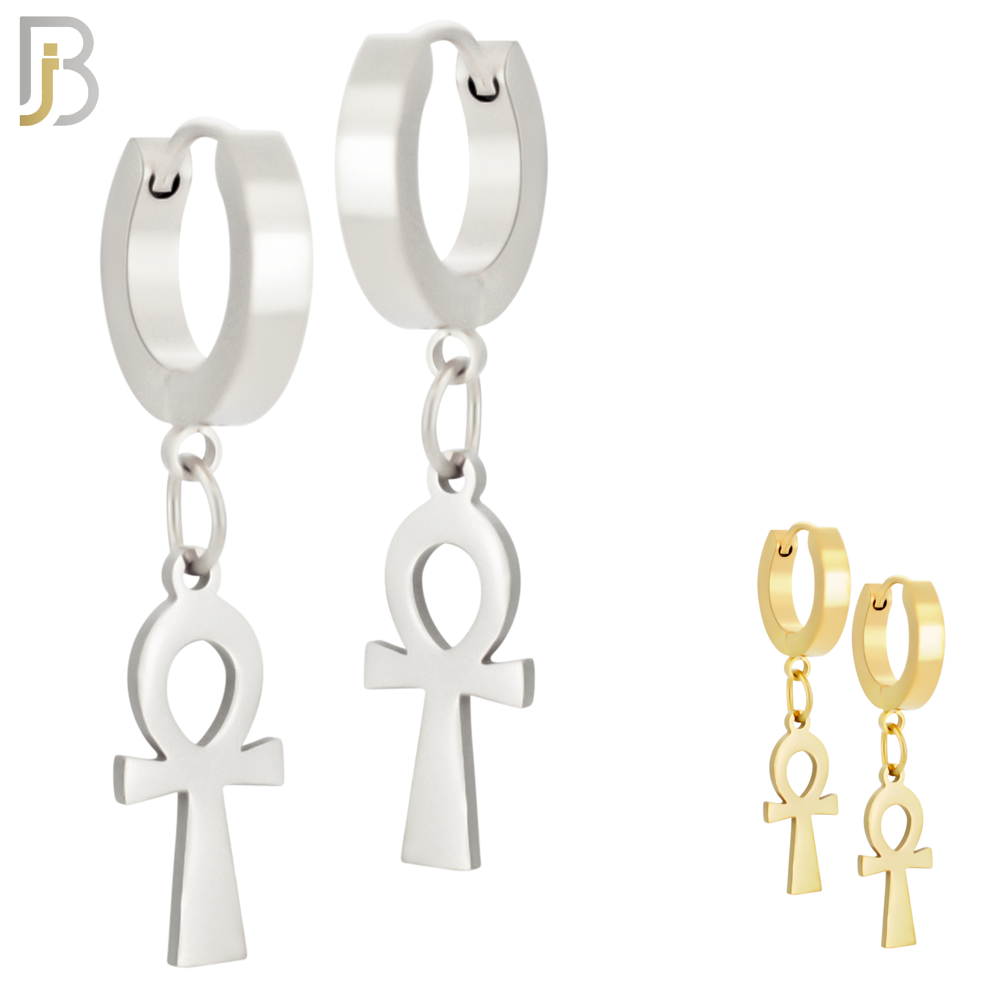 ES88  - 316L Stainless Steel Dangling Ankh Cross Design Huggies Clip On image 0