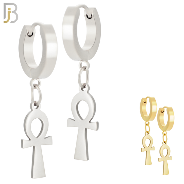 ES88  - 316L Stainless Steel Dangling Ankh Cross Design Huggies Clip On image 0