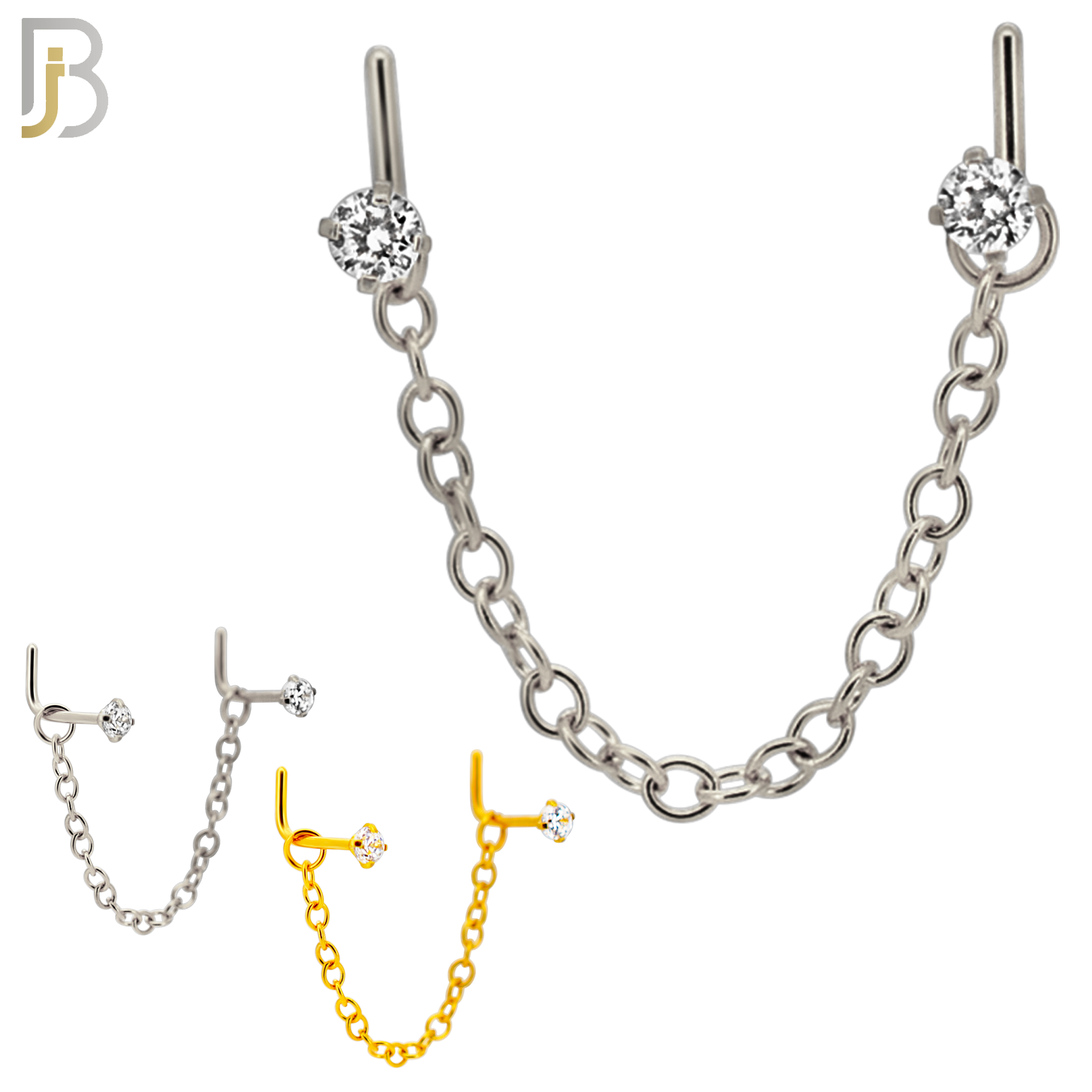 NR119L - 316 Surgical Steel Double L-Shaped Nose Rings with 2.5mm CZ in Prong Set and Single Chain Link - (Pack of 3) image 0