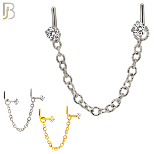 NR119L - 316 Surgical Steel Double L-Shaped Nose Rings with 2.5mm CZ in Prong Set and Single Chain Link - (Pack of 3) image 0