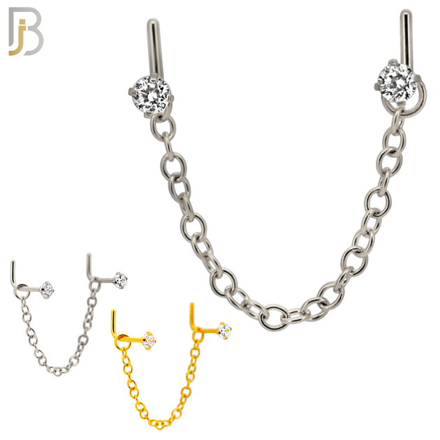 NR119L - 316 Surgical Steel Double L-Shaped Nose Rings with 2.5mm CZ in Prong Set and Single Chain Link - (Pack of 3) image 0