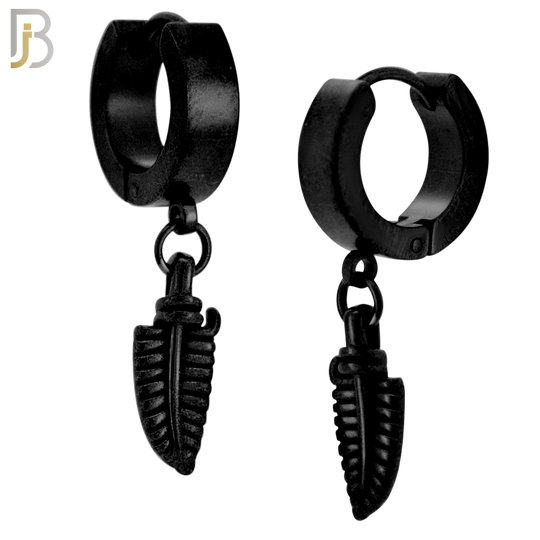 ES89 - 316L Stainless Steel Dangling 14.5mm Feather Long Design Huggies Clip On - Black Plated image
