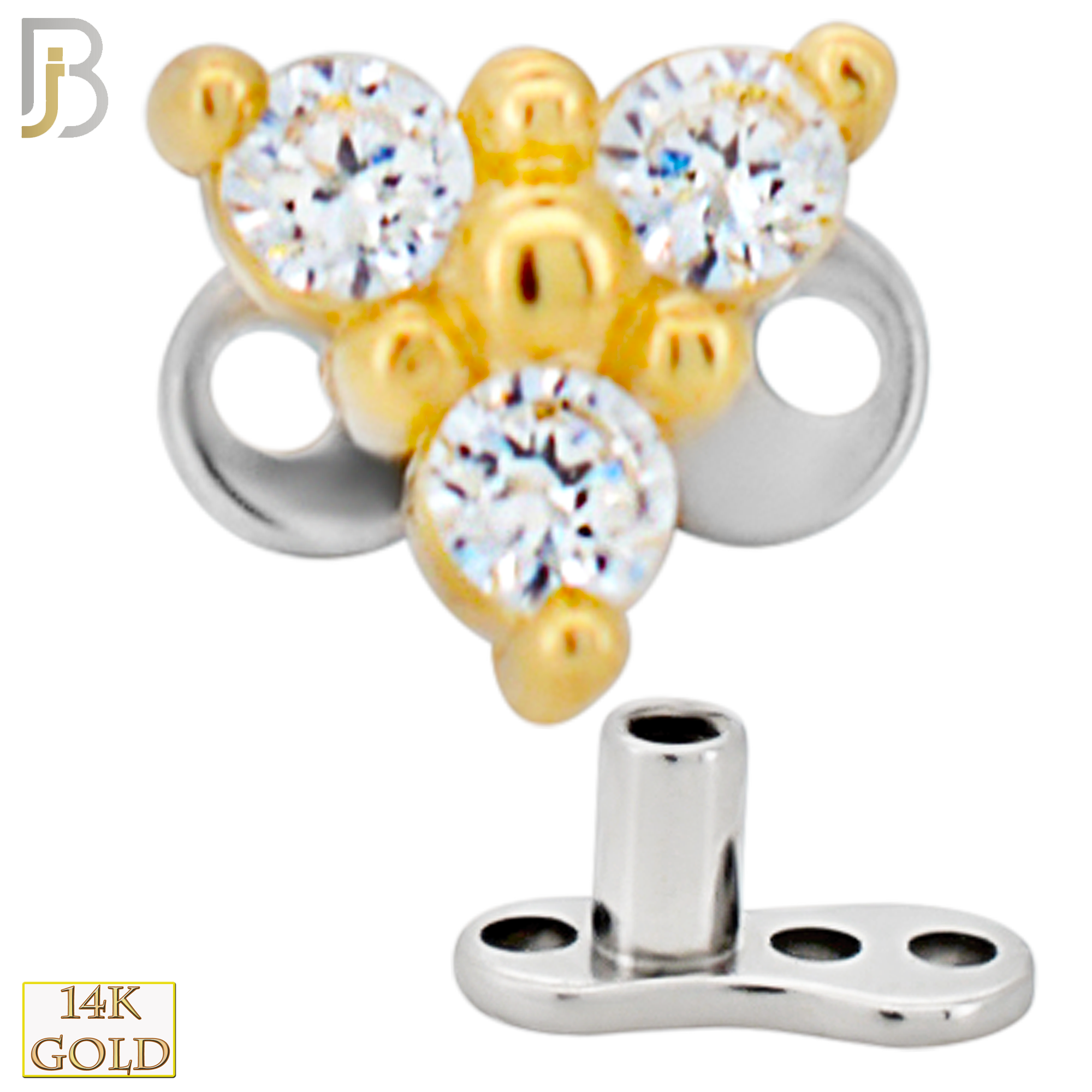 14-G23-DM19 - 14k Titanium Anchor and 14k Gold Top Three CZ in Prong Setting Dermal - Internally Threaded image 2