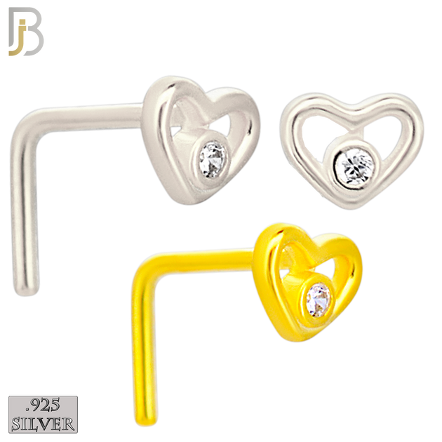 925-NR28LGSC - 925 Sterling Silver Hollow Heart CZ L Shape Nose Ring (Pack of 6) - Rhodium Plated and Yellow Gold Plated image
